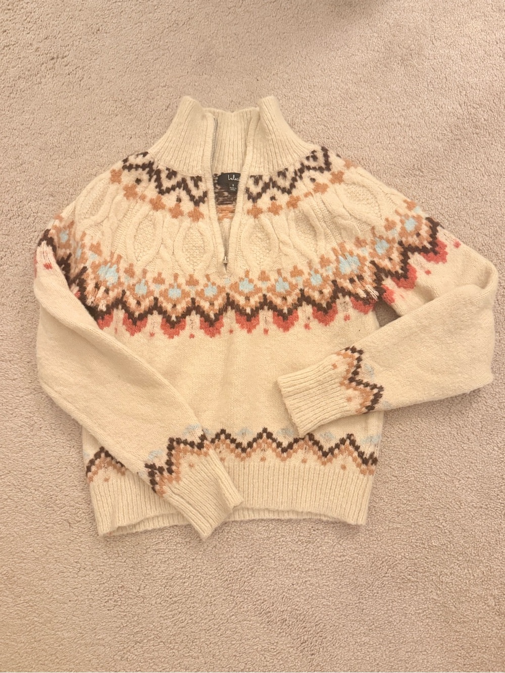Lulu's Cream Fair Isle Half-Zip Pullover with Multicolor Yoke